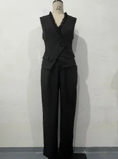 V-neck Stitching Ruffled Vest High Waist Pants Suit - Black - View 1