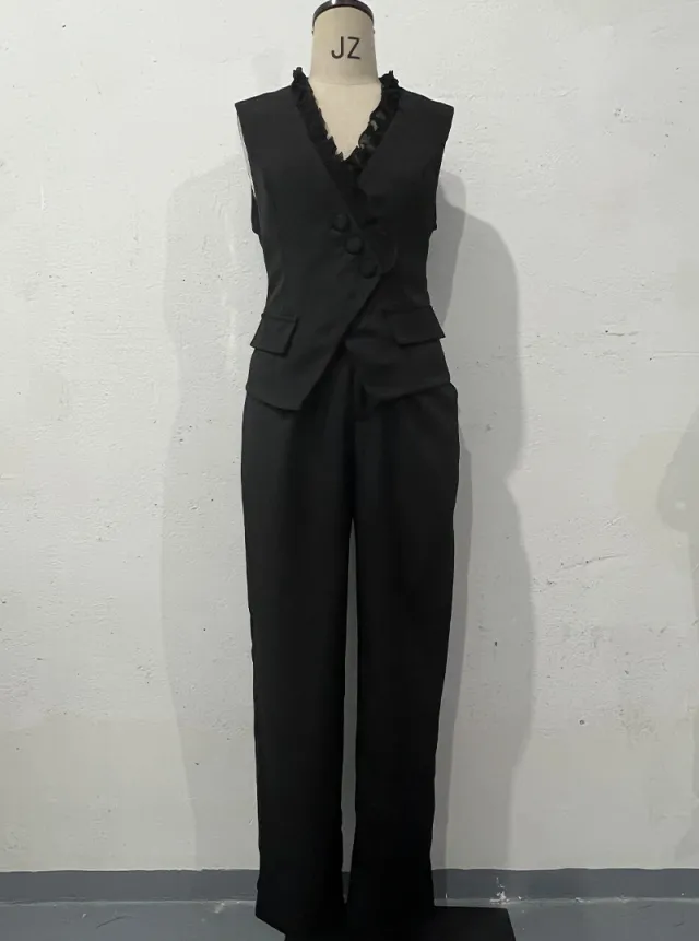 V neck Stitching Ruffled Vest High Waist Pants Suit Black - Shop at LoveMi