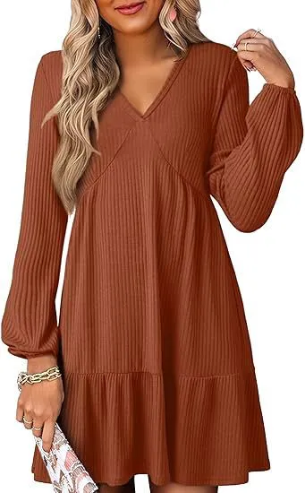 Cinched Waist V Neck Casual Loose Fit Straight Shape Long Sleeve Dress Orange - Shop at LoveMi
