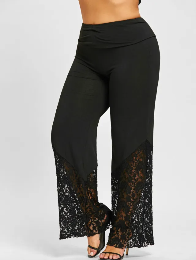 Plus Size Women's Casual Stitching Lace Plump Girls Wide leg Pants Black - Shop at LoveMi