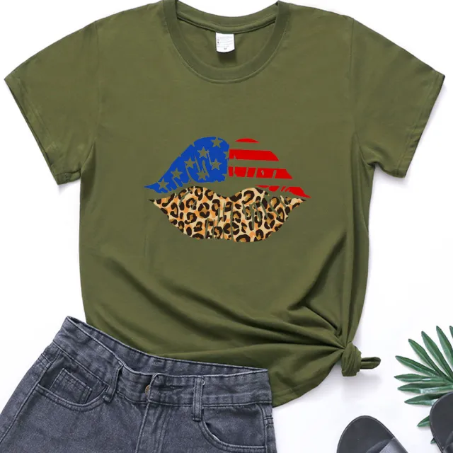 Independence Day Loose Plus Size Flag Printed Lips Women T shirt Army Green - Shop at LoveMi