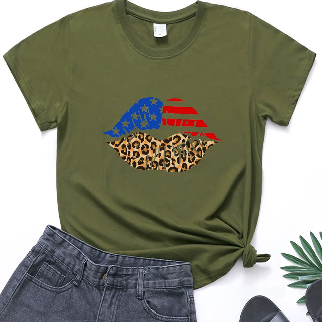 Independence Day Loose Plus Size Flag Printed Lips Women T-shirt - Army Green