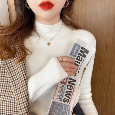 Women's Half Turtleneck Cashmere Bottoming Shirt High Elastic Sweater White - Shop at LoveMi