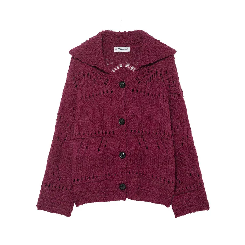 Women's Thick Needle Crochet Knit Cardigan Coat - Wine Red