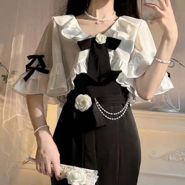 French Style Super Fairy Ruffled Stitching Shawl Fishtail Skirt Two piece Set Black Bow Shawl - Shop at LoveMi