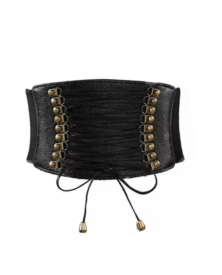 Women's Nail Elastic Imitation Leather Wide Belt Leisure All-matching Strap Waist Seal - Black