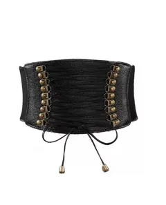 Women's Nail Elastic Imitation Leather Wide Belt Leisure All-matching Strap Waist Seal - Black - View 1