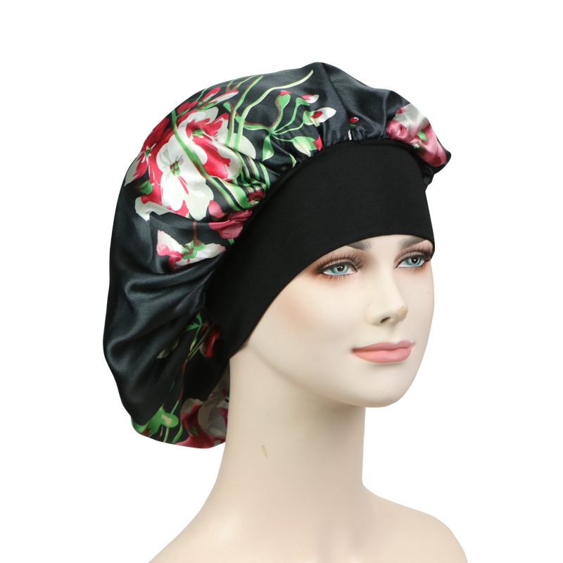 New Satin Print Nightcap Wide-brimmed Elastic Shower Cap - Image 4