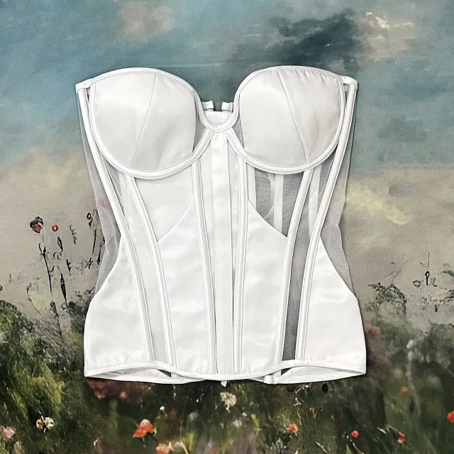 Women's Fashion Yarn Satin Stitching Mesh Corset White - Shop at LoveMi