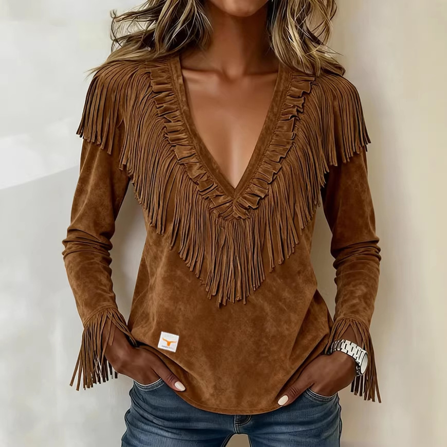 Tasseled Suede V-Neck Fashionable Slim-Fit Womens Blouse