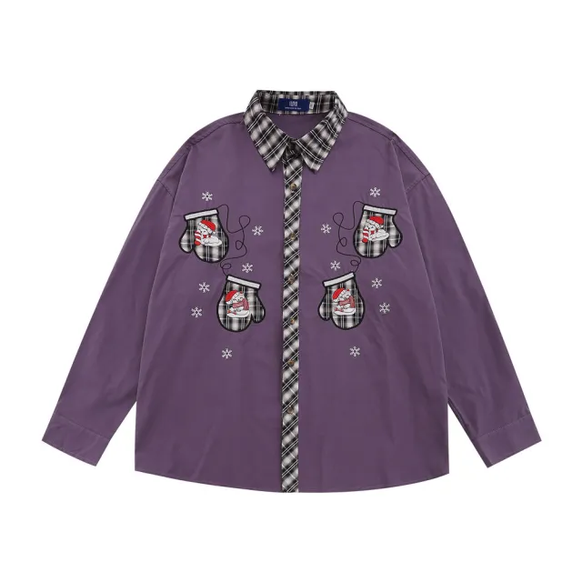 Christmas Embroidered Long Sleeve Shirt Paste Cloth Embroidery Contrast Color Lapels Loose Top Purple - Shop at LoveMi