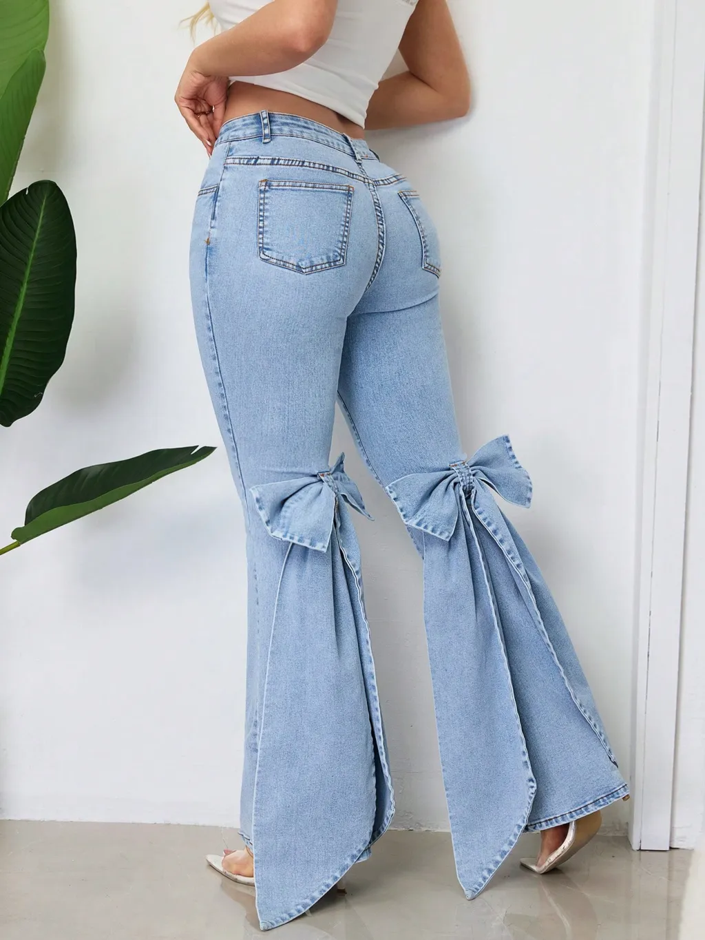European And American Retro Three-dimensional Bow Slim-fit Mid-stretch Mop Horn Denim Trousers - Blue