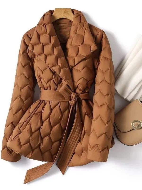 Winter Temperament Water Ripple Quilted Lightweight Down Jacket Caramel - Shop at LoveMi