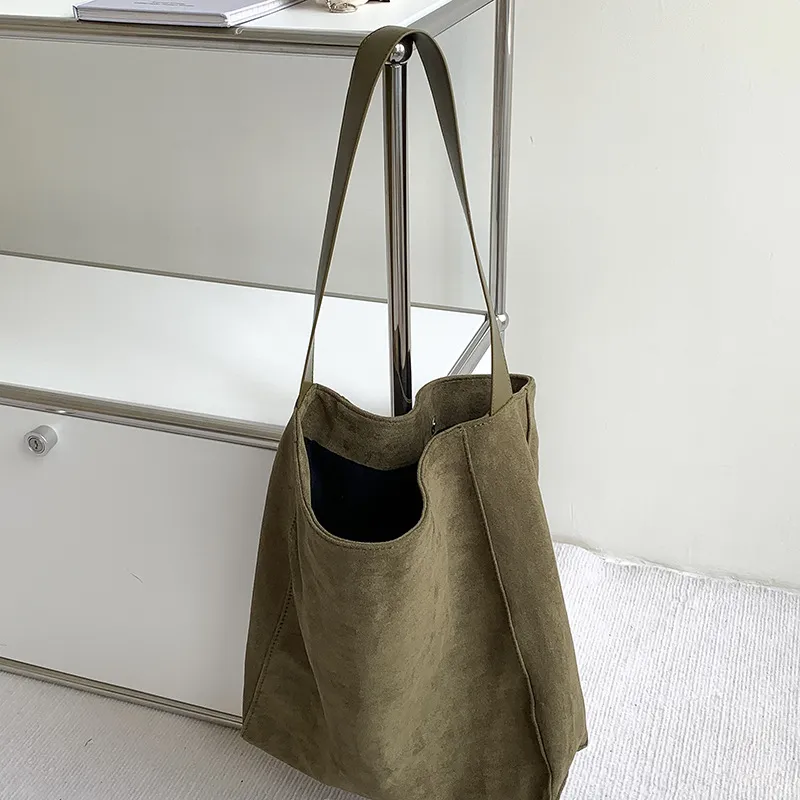 Large Capacity Autumn And Winter Frosted Tote Vintage Suede Shoulder Bag - Green