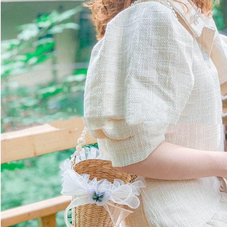 Casual White Hand-woven Lace Bow Bucket Bag