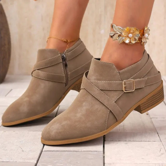 Womens Large Size Leather Boots With Side Zipper And Cross Straps Khaki - Shop at LoveMi