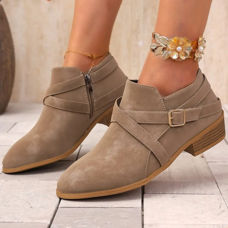 Womens Large-Size Leather Boots With Side Zipper And Cross Straps - Khaki