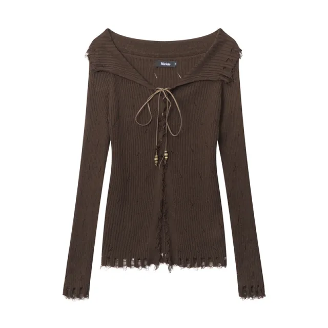 Autumn American Retro Cardigan Lace Up Casual Sweater Dark Brown - Shop at LoveMi