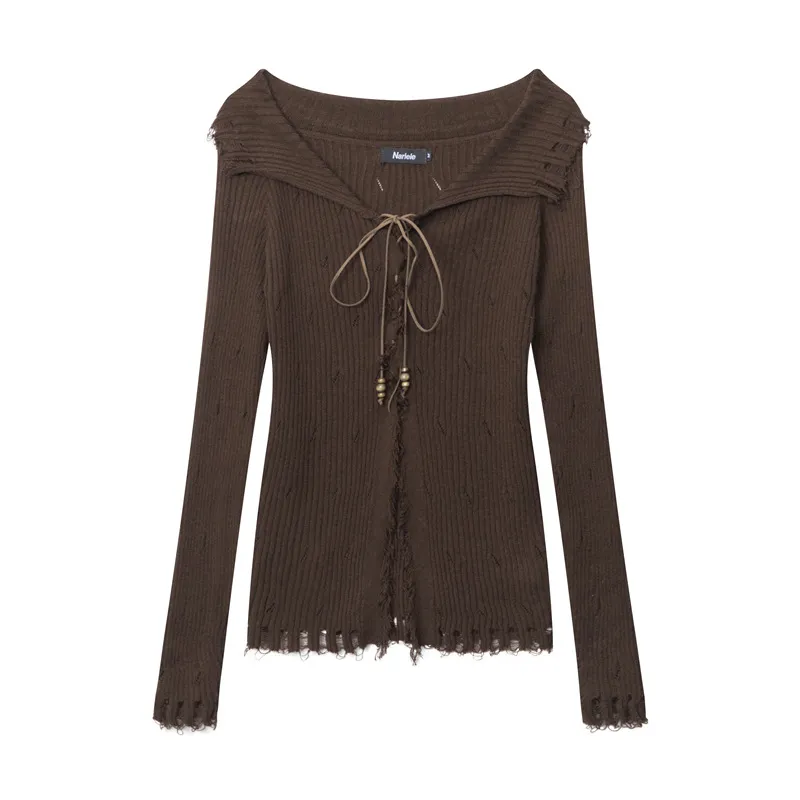 Autumn American Retro Cardigan Lace Up Casual Sweater - Dark Brown