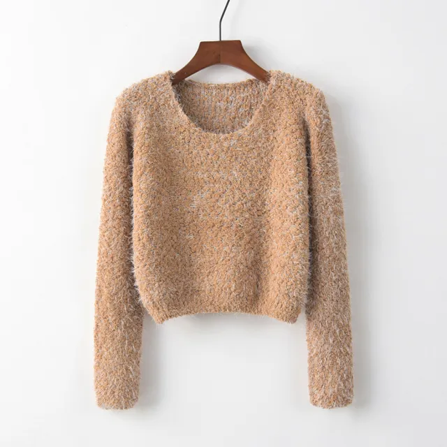 Solid Color Round Neck Pullover Short Pineapple Pin Sweater Khaki - Shop at LoveMi