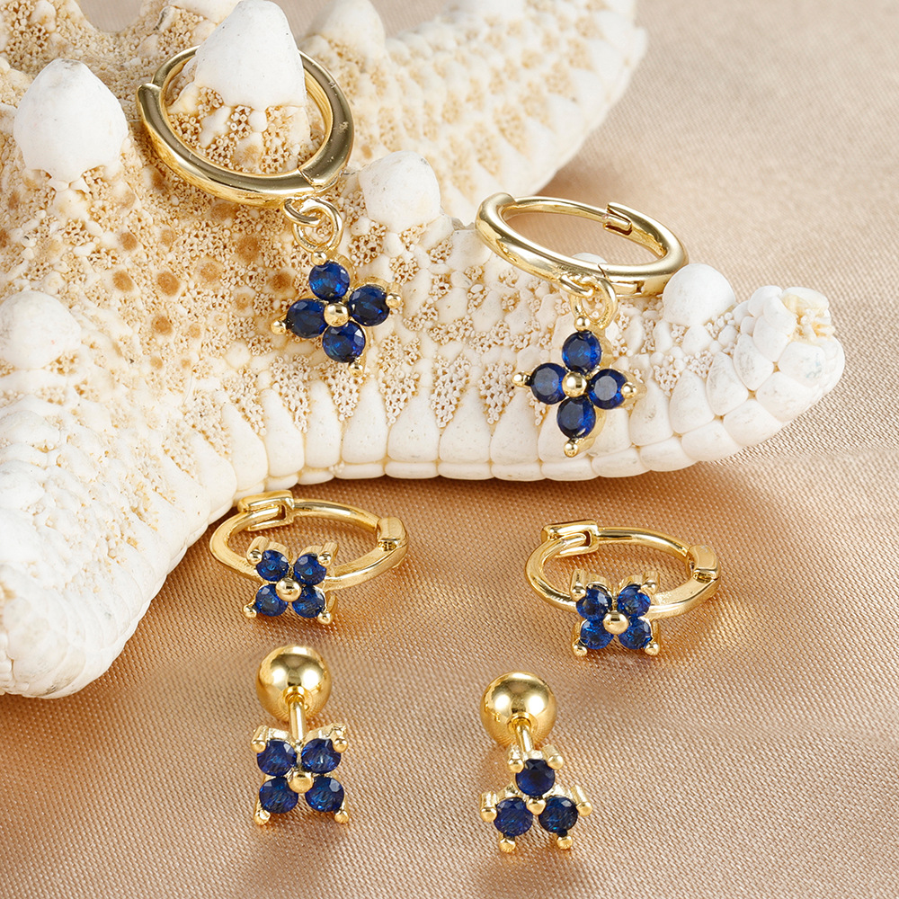 Light Luxury Minority Design Blue Zircon Four-leaf Earrings