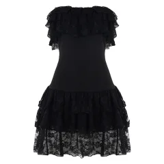 Ruffle-neck Off-shoulder Elegant Socialite Party High-waisted A-line Skirt - Black - View 1