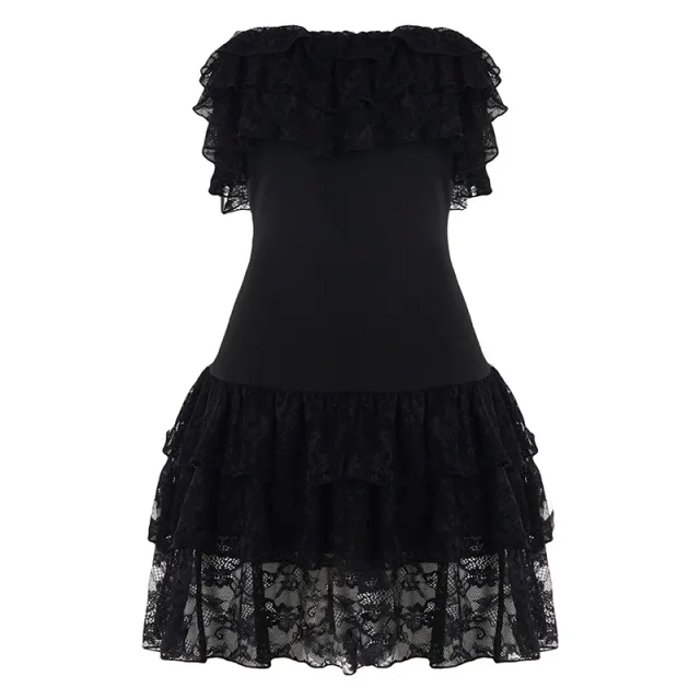 Ruffle neck Off shoulder Elegant Socialite Party High waisted A line Skirt Black - Shop at LoveMi