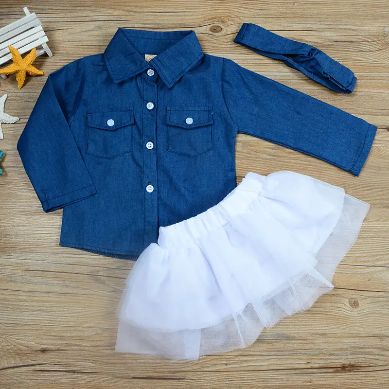 Autumn Children's Clothing Girls' Faux Denim Long-sleeved Shirt Leopard Skirt Headband Children's Three-piece Suit