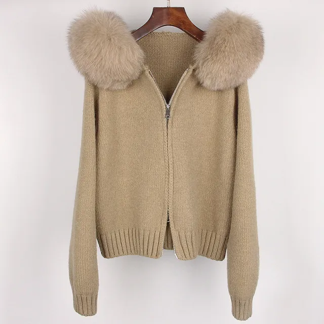 Spring Coat Women's Zipper Real Fox Fur Collar Hooded Khaki - Shop at LoveMi