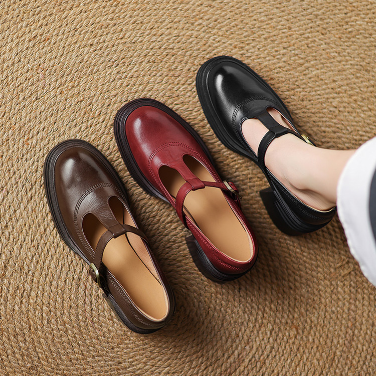 Round-toe Thong-style Strap High-heeled Block-heeled Shoes