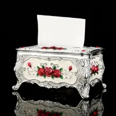 Light Luxury Tissue Retro Cute KTV Hotel Napkin Paper Box - Silver White Red Flower - View 1