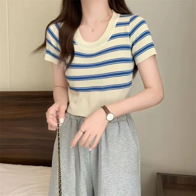 Women's Fashion Striped Knitted Short Sleeve T shirt Top Blue - Shop at LoveMi