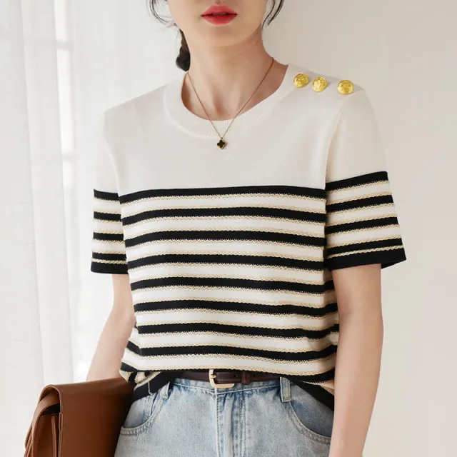 Knitted Short sleeved Loose Striped T shirt White - Shop at LoveMi