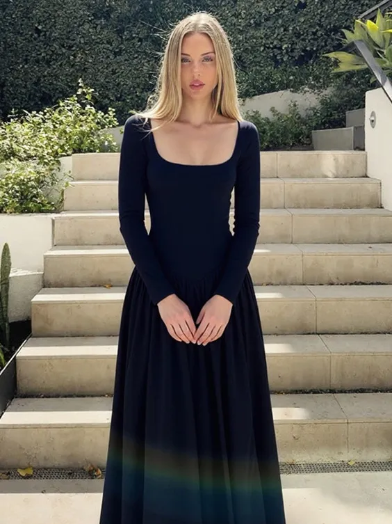 Square Collar Waist Cinching Large Swing Long Sleeved Dress Black - Shop at LoveMi