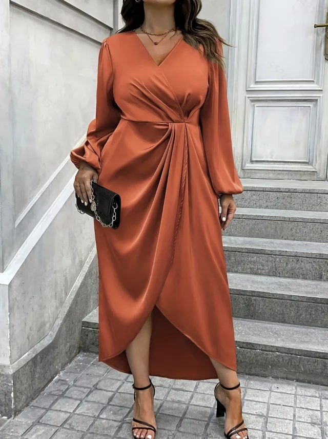 New Solid Color Long Sleeve V neck Plus Size Women's Dress Coral - Shop at LoveMi
