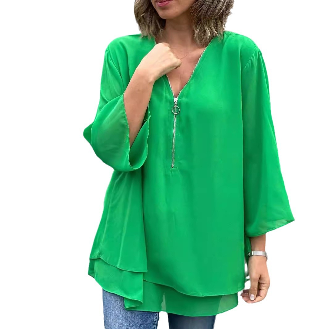 V-neck 34 Sleeves Casual Chiffon Top Metal Loose Zip