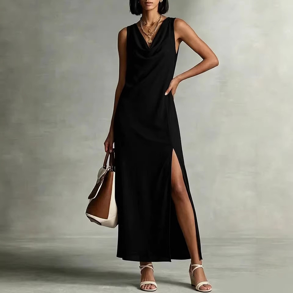Womens Fashion Split Hem Draped Neckline Sleeveless Chiffon Dress