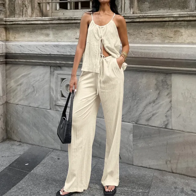 Design Lace up Top For High Waist Two piece Suit Apricot - Shop at LoveMi