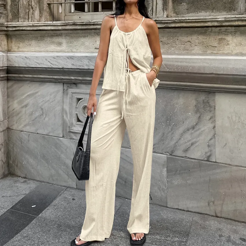 Design Lace-up Top For High Waist Two-piece Suit - Apricot