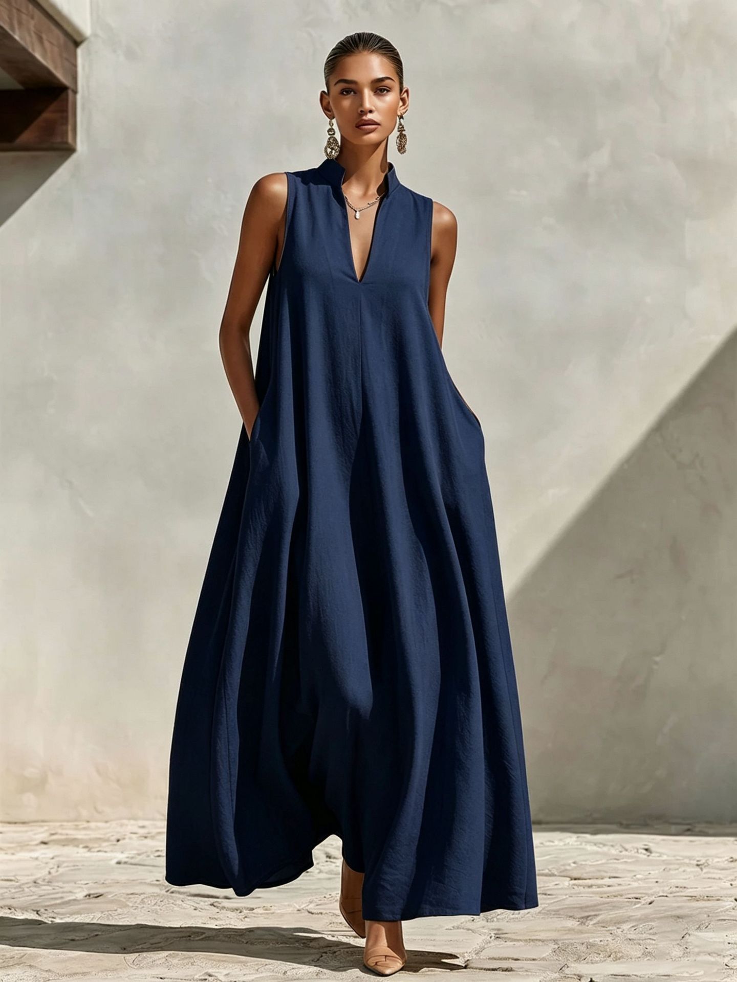 Linen blend sleeveless stand-collar maxi dress side view – stand collar detail women's fashion