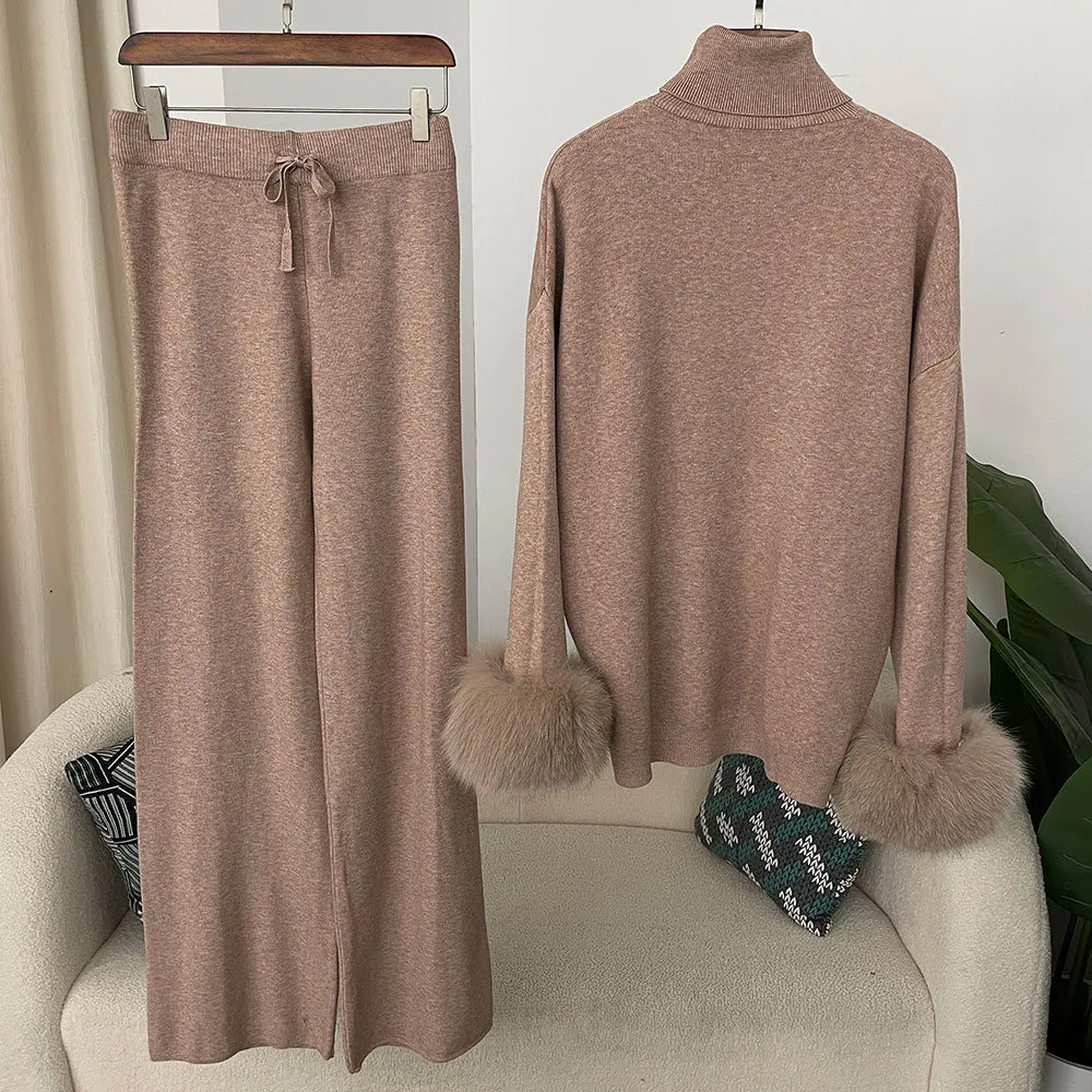 All-matching High Neck Loose Sweater Women's Autumn And Winter Knit Two-piece Suit - Flower Camel