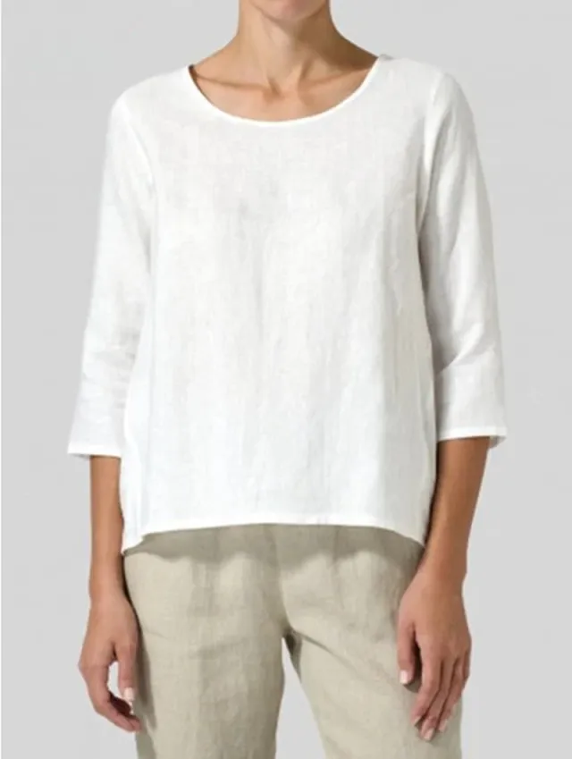 Cotton And Linen Plus Size Women's Clothing 34 Sleeve Casual Loose fitting T shirt White - Shop at LoveMi