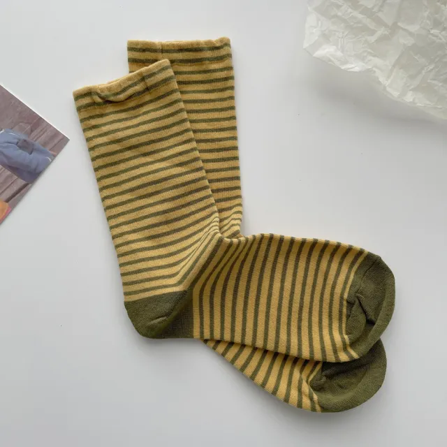 Vintage Stripe Women's Contrast Color Tube Socks Matcha Mustard - Shop at LoveMi
