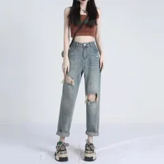 Ripped Daddy Jeans For Women Spring And Autumn New High Waist Loose Small - Retro Blue - View 1