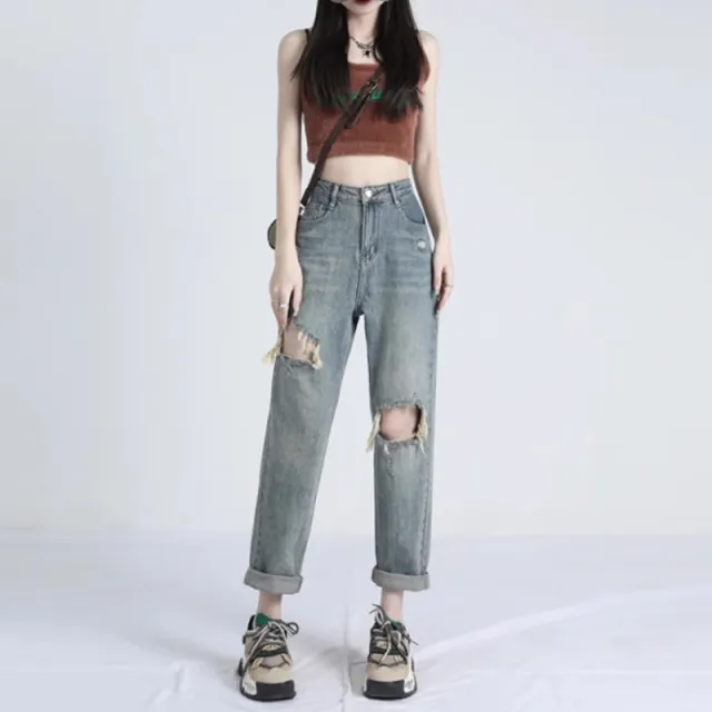 Ripped Daddy Jeans For Women Spring And Autumn New High Waist Loose Small Retro Blue - Shop at LoveMi