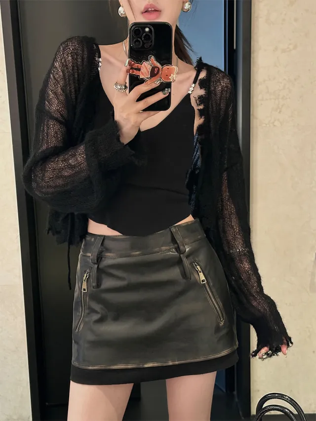 Brushed PU Leather Skirt Women's Autumn Retro A Line Black - Shop at LoveMi