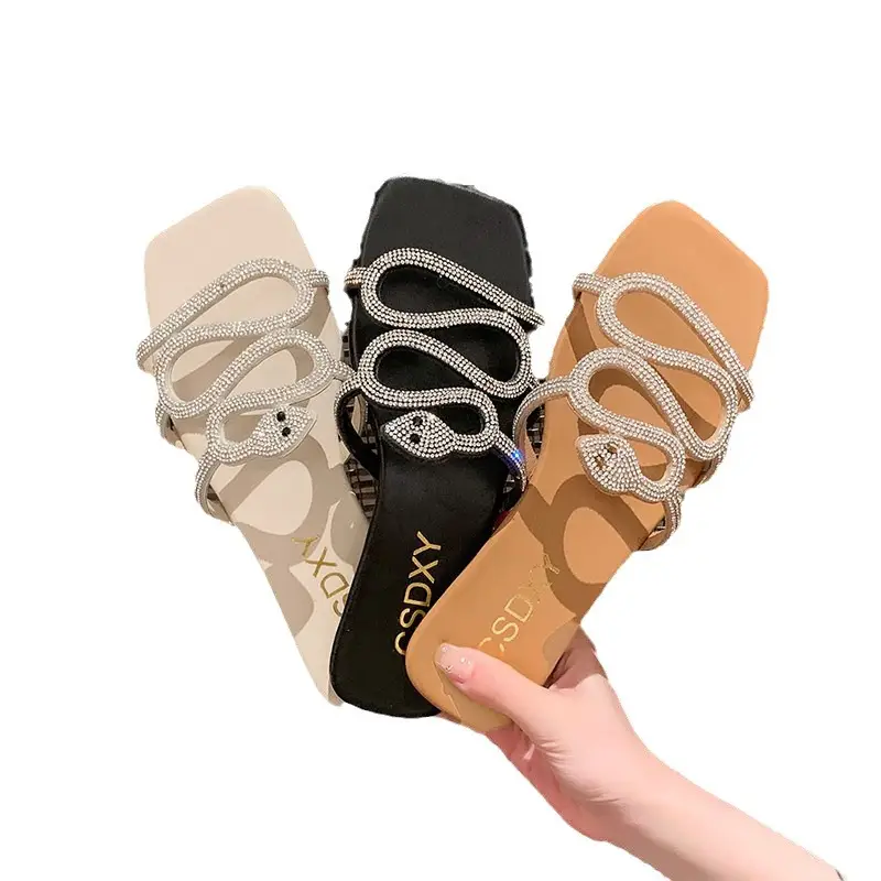 Large Size Flat Bottom Women's Rhinestone Flat Slippers