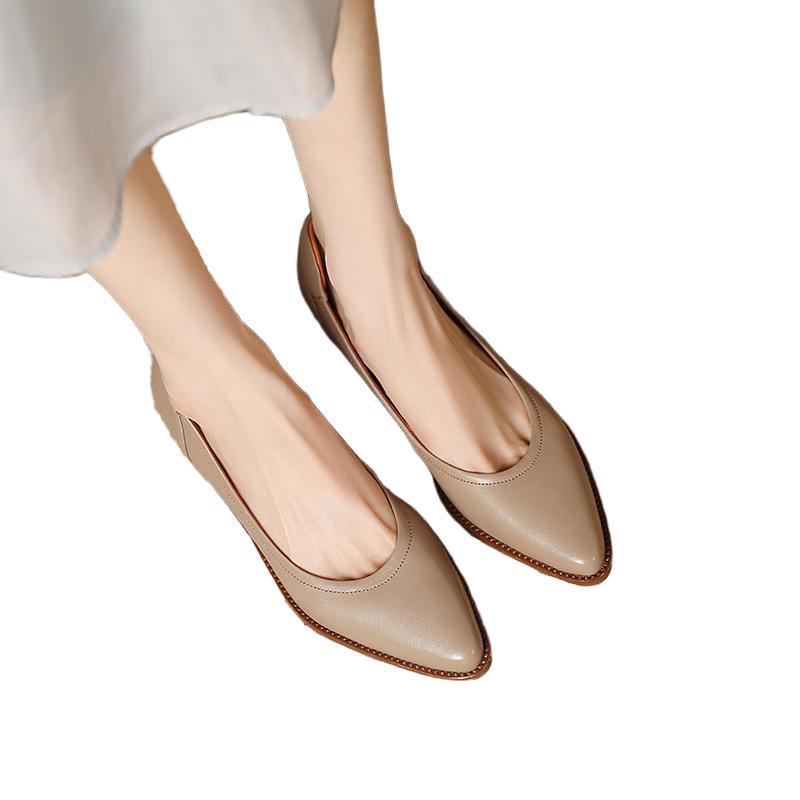 Womens French-style Pointed-toe Low-cut Mid-heel Leather Shoes