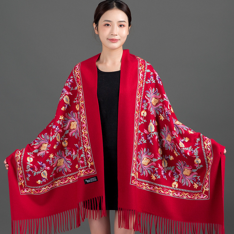 Thickened Tibetan-Nepalese Embroidered Cashmere-Style Scarf For Winter