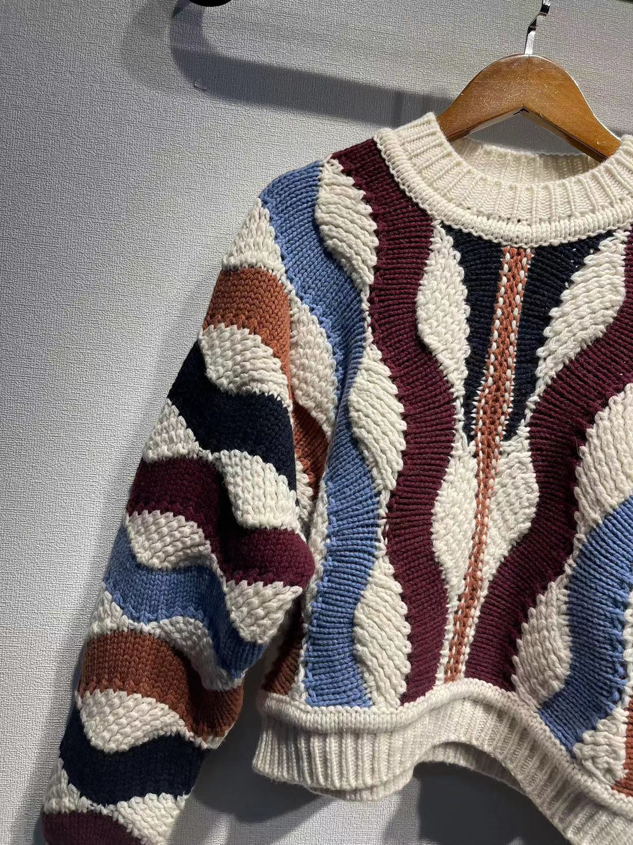 French Lazy Style Maillard Striped Splicing Pullover Round Neck Sweater